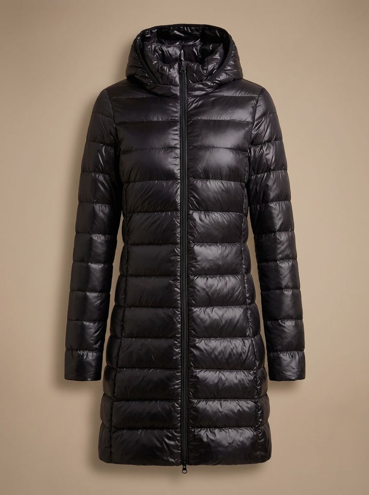 Damen Ultraleichte Lange Daunenjacke mit Kapuze Reißverschluss Winterjacke - Schwarz