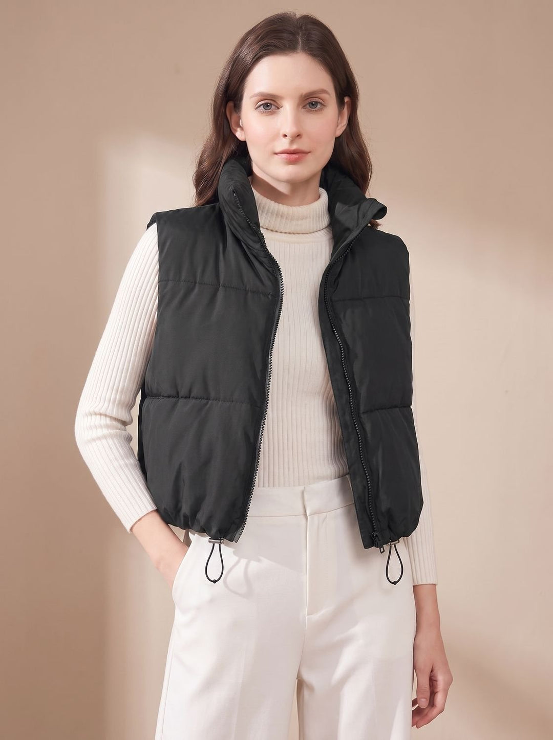 Damen Ultraleichter Stehkragen Bodywarmer Kurze Steppweste - Schwarz