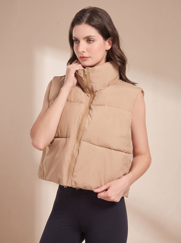 Damen Ultraleichter Stehkragen Bodywarmer Kurze Steppweste - Khaki