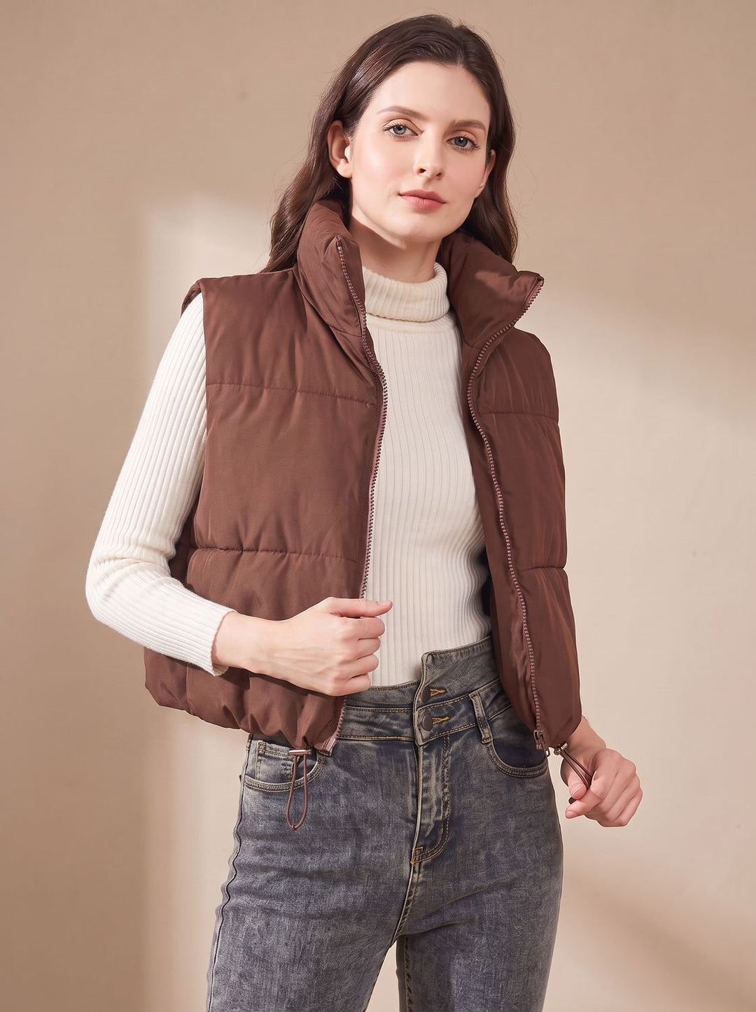 Damen Ultraleichter Stehkragen Bodywarmer Kurze Steppweste - Kaffee