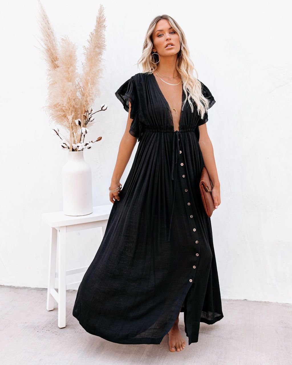 Damen V-Ausschnitt Knopfleiste Fließendes Maxi-Kleid - Black
