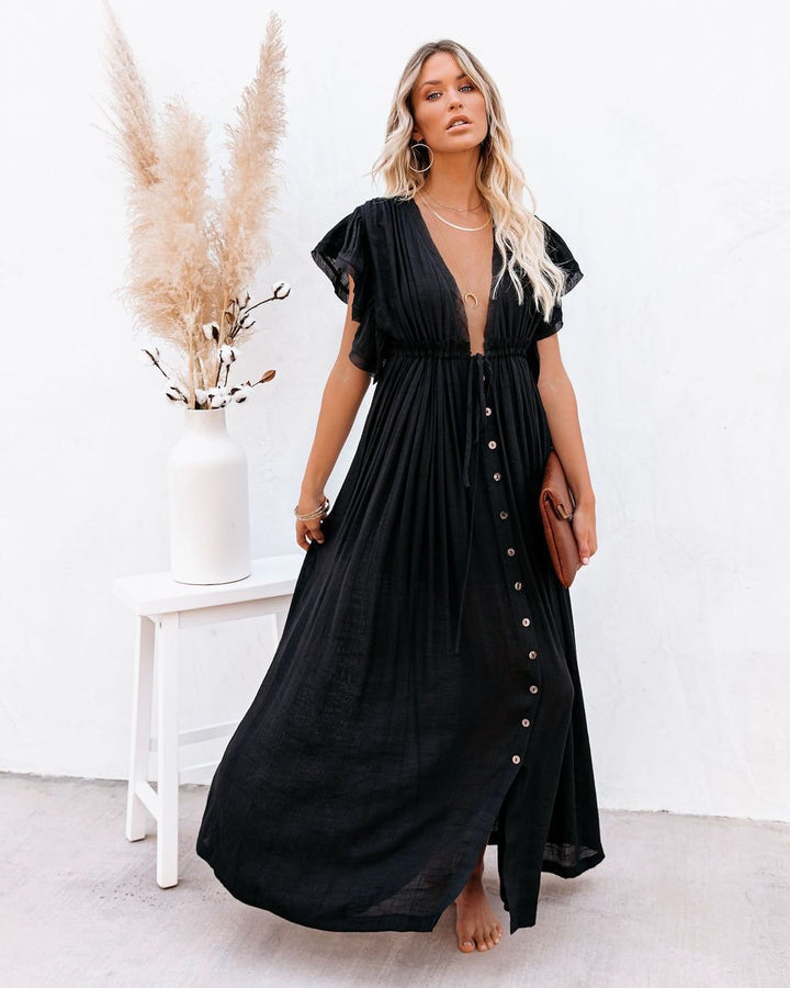 Damen V-Ausschnitt Knopfleiste Fließendes Maxi-Kleid - Black