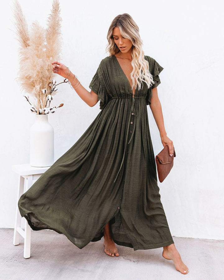 Damen V-Ausschnitt Knopfleiste Fließendes Maxi-Kleid - Army Green