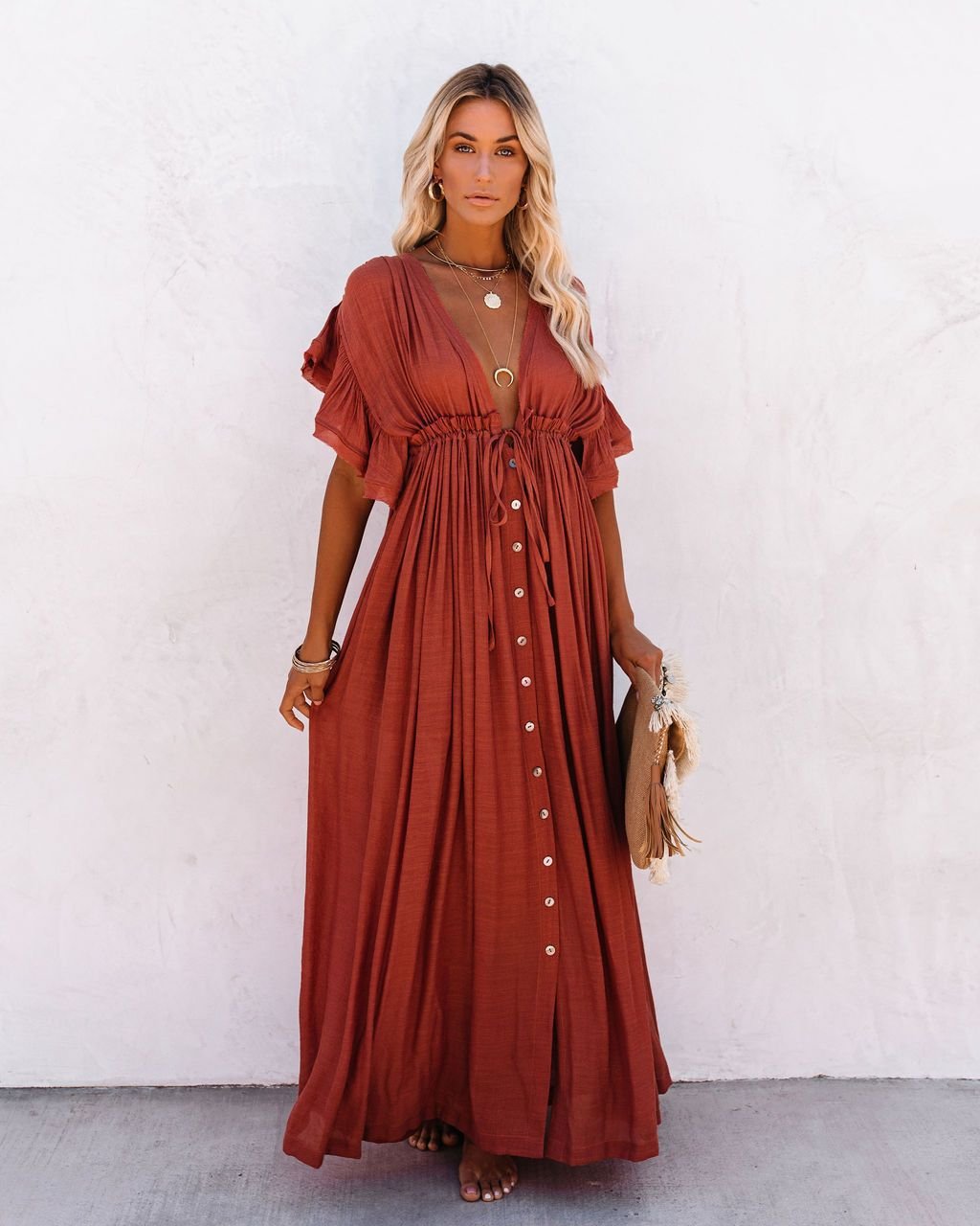 Damen V-Ausschnitt Knopfleiste Fließendes Maxi-Kleid - Rust