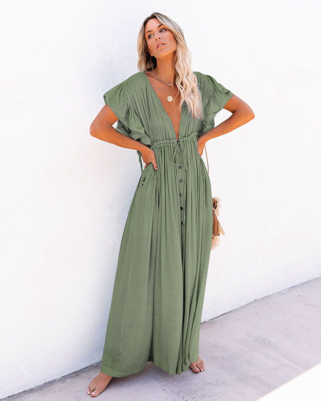 Damen V-Ausschnitt Knopfleiste Fließendes Maxi-Kleid - Light Green