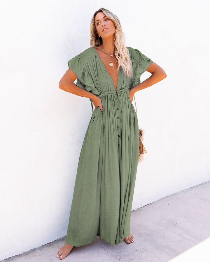 Damen V-Ausschnitt Knopfleiste Fließendes Maxi-Kleid - Light Green