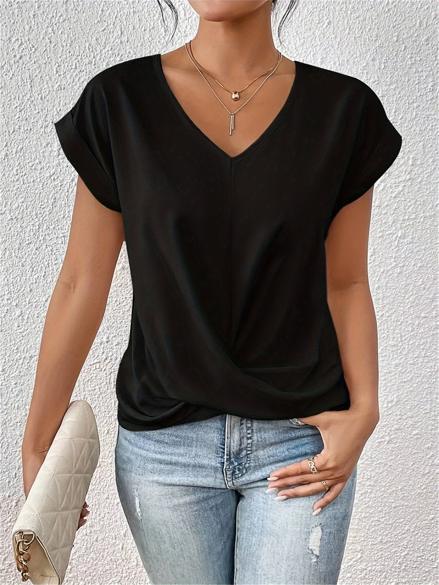 Damen V-Ausschnitt Kurzarm Shirt mit Twist-Detail - Schwarz