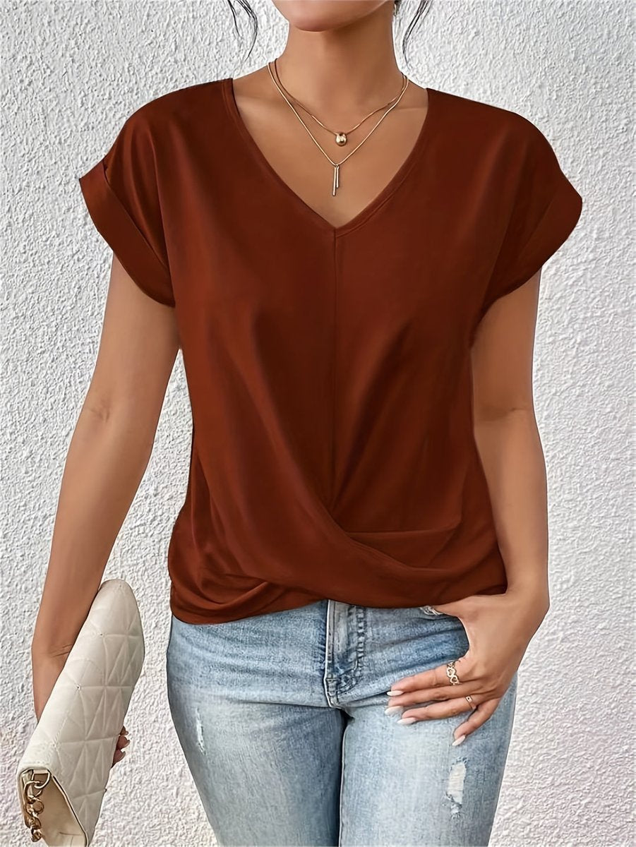 Damen V-Ausschnitt Kurzarm Shirt mit Twist-Detail - Braun