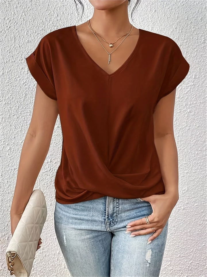 Damen V-Ausschnitt Kurzarm Shirt mit Twist-Detail - Braun