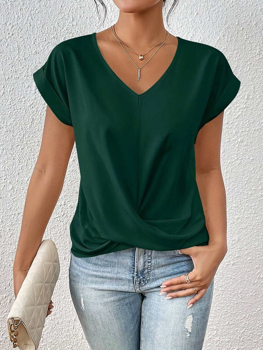 Damen V-Ausschnitt Kurzarm Shirt mit Twist-Detail - Grün