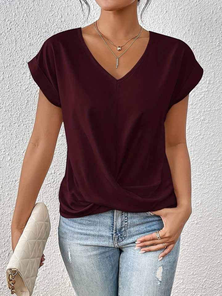 Damen V-Ausschnitt Kurzarm Shirt mit Twist-Detail - Burgund