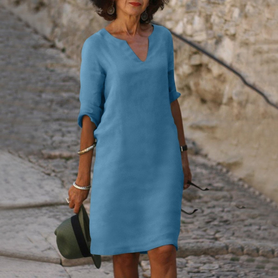 Damen V-Ausschnitt Midikleid mit 3/4-Arm figurschmeichelnd - Hellblau