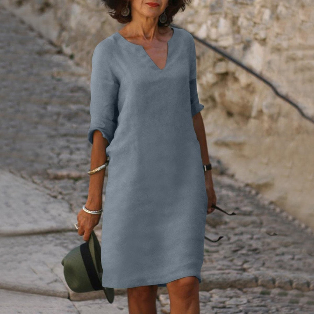 Damen V-Ausschnitt Midikleid mit 3/4-Arm figurschmeichelnd - Graublau