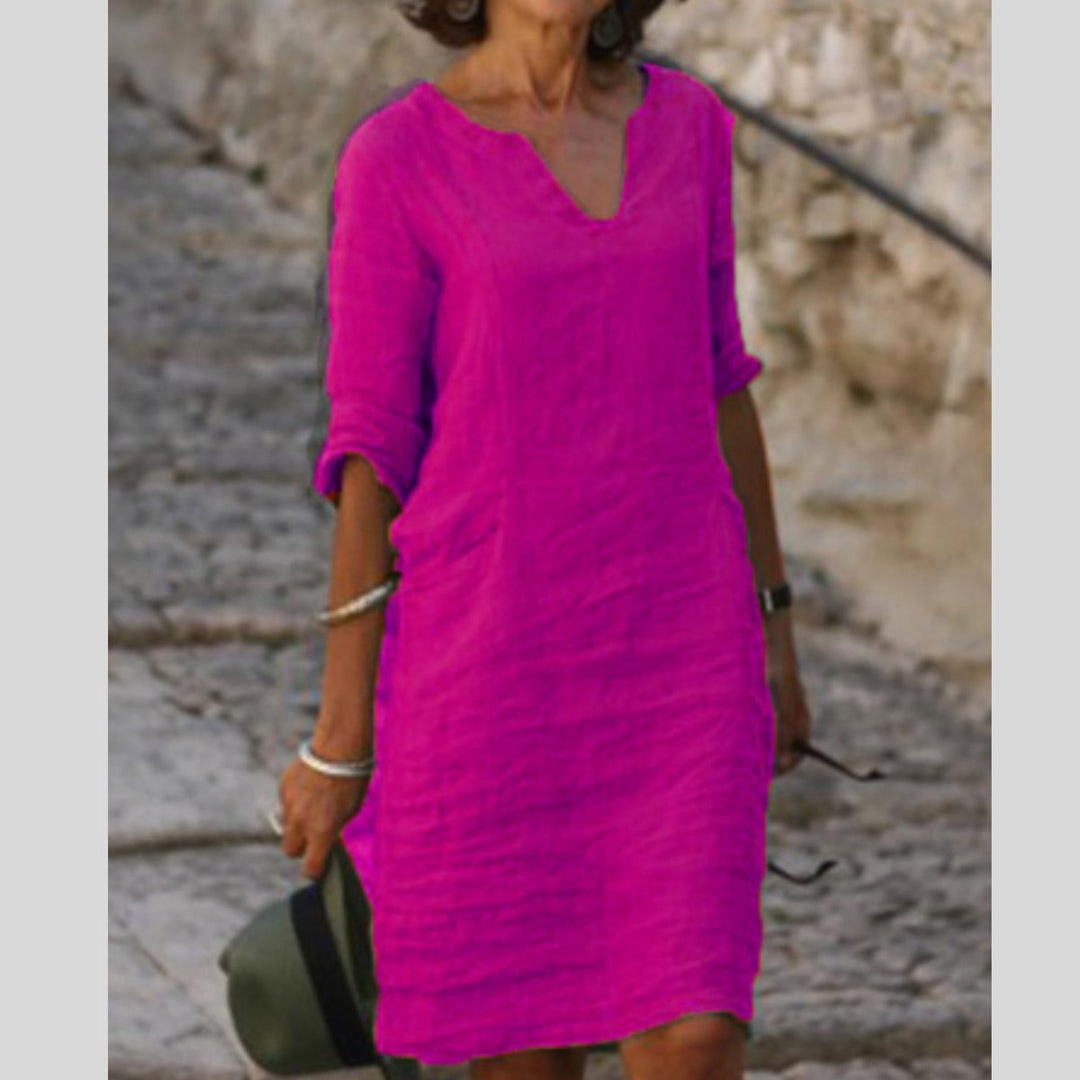 Damen V-Ausschnitt Midikleid mit 3/4-Arm figurschmeichelnd - Rosa