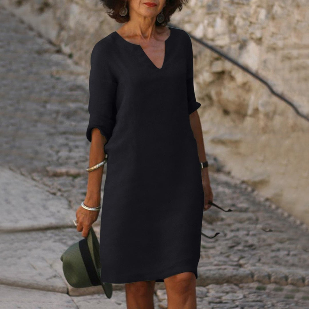 Damen V-Ausschnitt Midikleid mit 3/4-Arm figurschmeichelnd - Schwarz