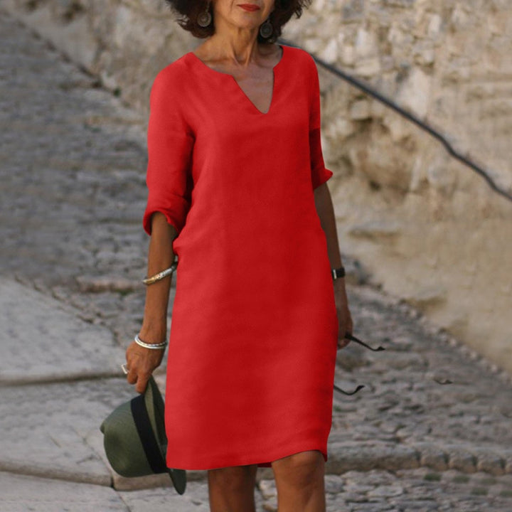 Damen V-Ausschnitt Midikleid mit 3/4-Arm figurschmeichelnd - Rot