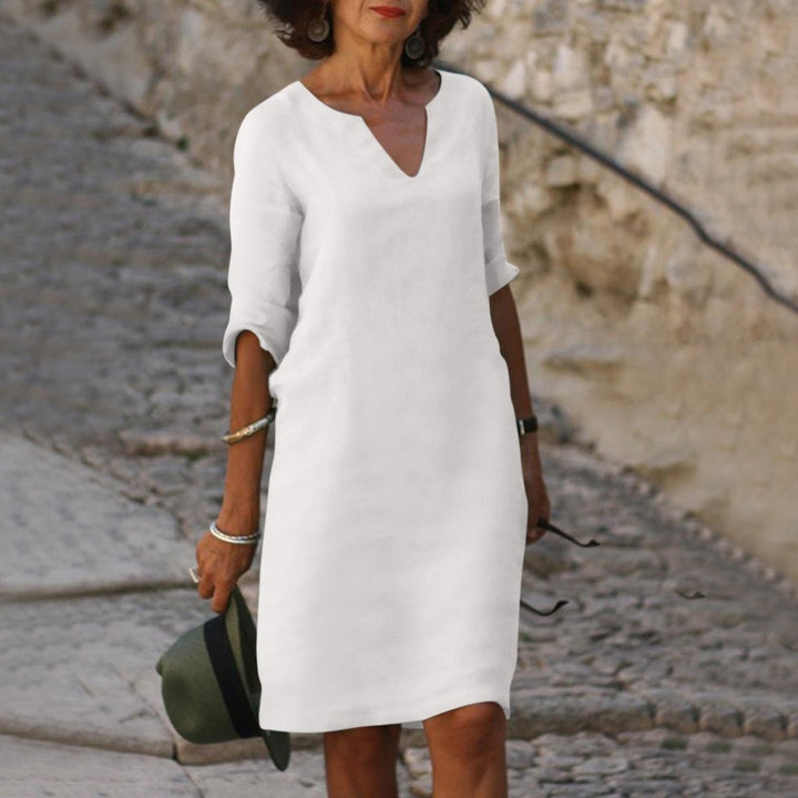 Damen V-Ausschnitt Midikleid mit 3/4-Arm figurschmeichelnd - Weiß