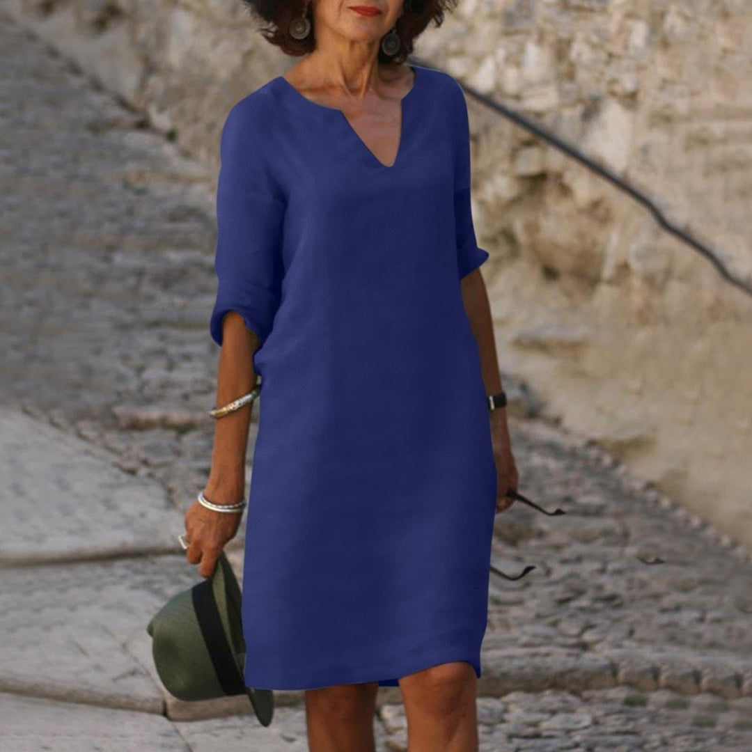 Damen V-Ausschnitt Midikleid mit 3/4-Arm figurschmeichelnd - Dunkelblau