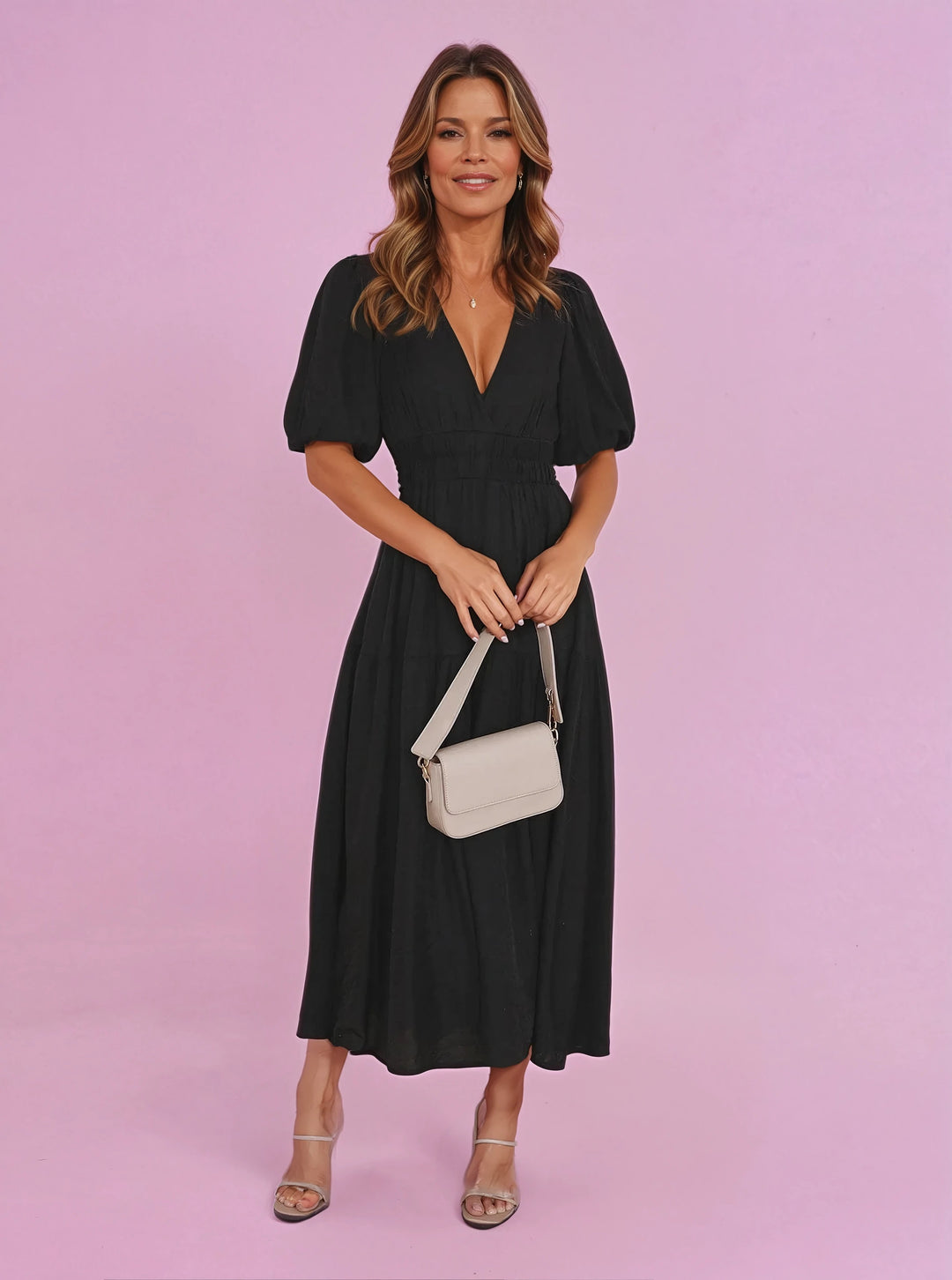 Damen V-Ausschnitt Puffärmel Midi-Kleid mit Smok-Taille