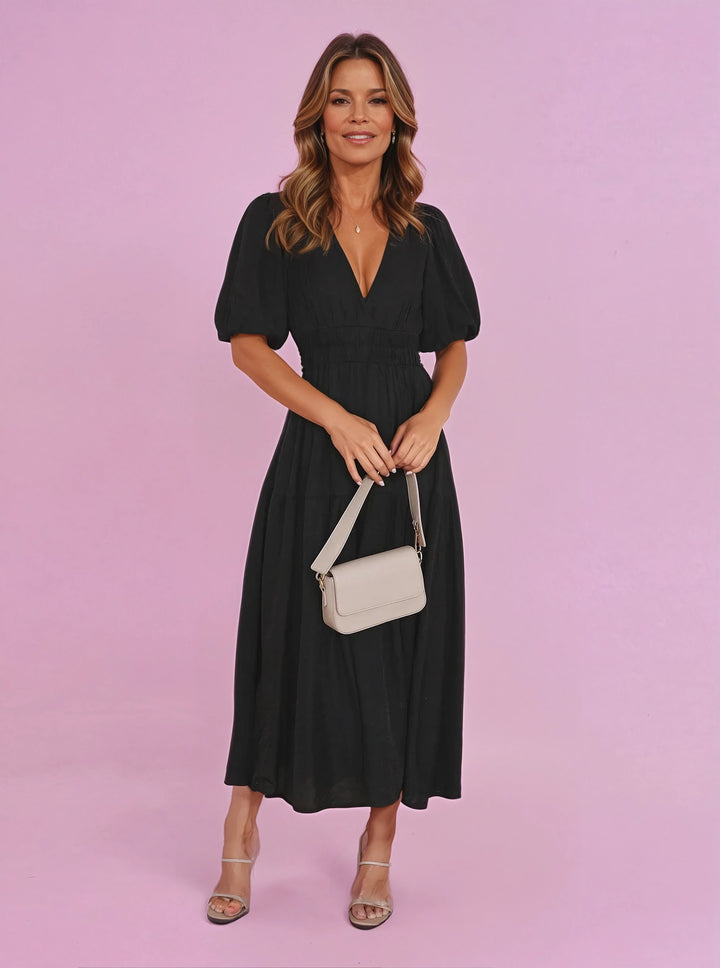Damen V-Ausschnitt Puffärmel Midi-Kleid mit Smok-Taille
