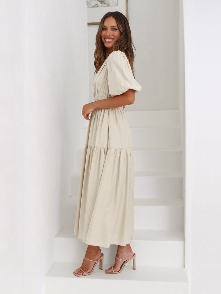 Damen V-Ausschnitt Puffärmel Midi-Kleid mit Smok-Taille