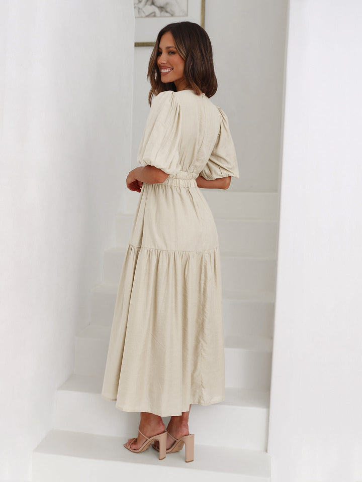 Damen V-Ausschnitt Puffärmel Midi-Kleid mit Smok-Taille