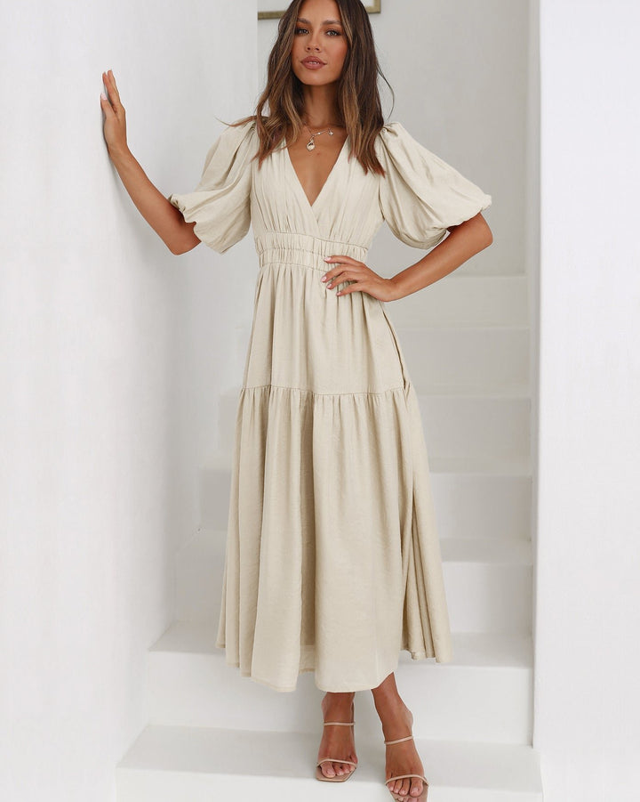 Damen V-Ausschnitt Puffärmel Midi-Kleid mit Smok-Taille - Cream