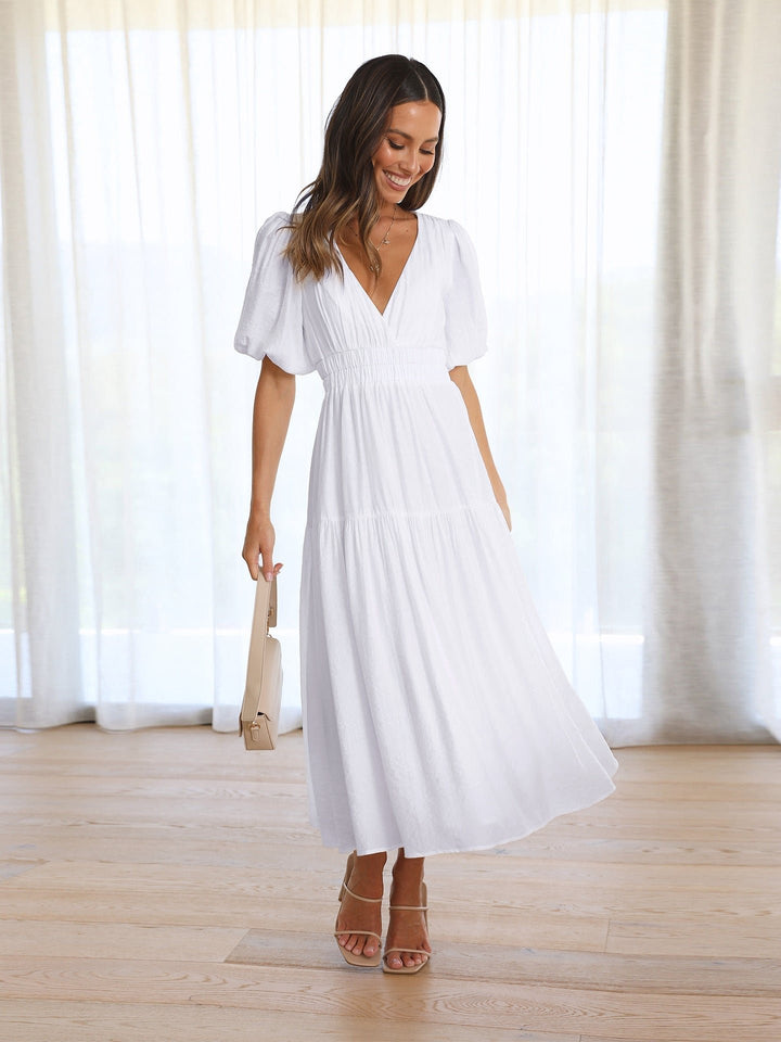 Damen V-Ausschnitt Puffärmel Midi-Kleid mit Smok-Taille - White