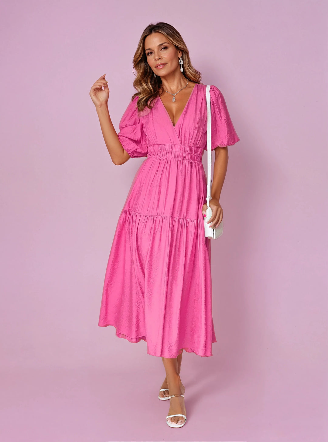 Damen V-Ausschnitt Puffärmel Midi-Kleid mit Smok-Taille