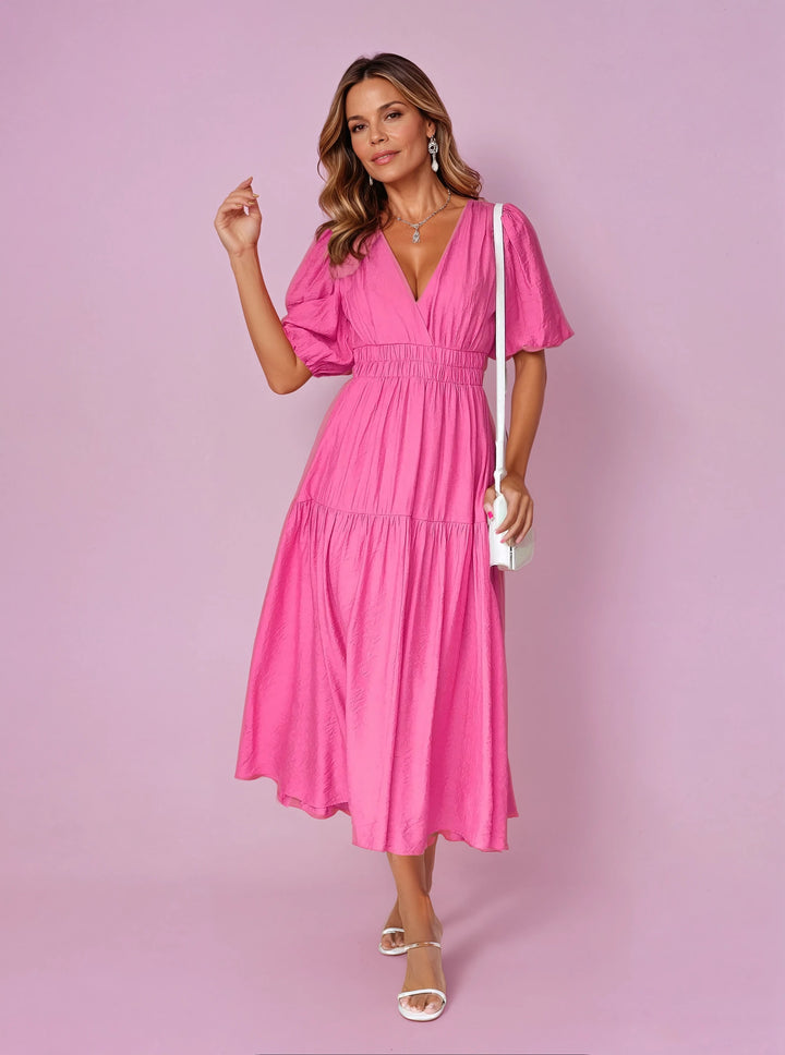 Damen V-Ausschnitt Puffärmel Midi-Kleid mit Smok-Taille