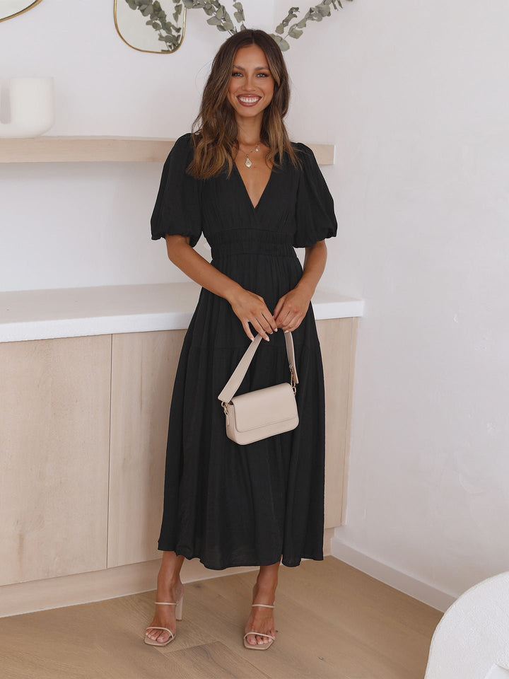 Damen V-Ausschnitt Puffärmel Midi-Kleid mit Smok-Taille - Black