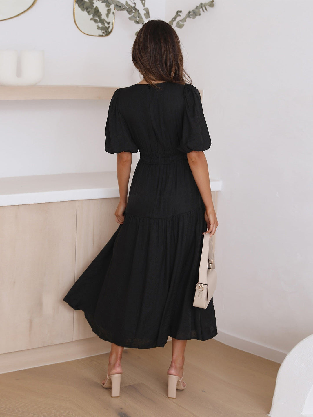 Damen V-Ausschnitt Puffärmel Midi-Kleid mit Smok-Taille