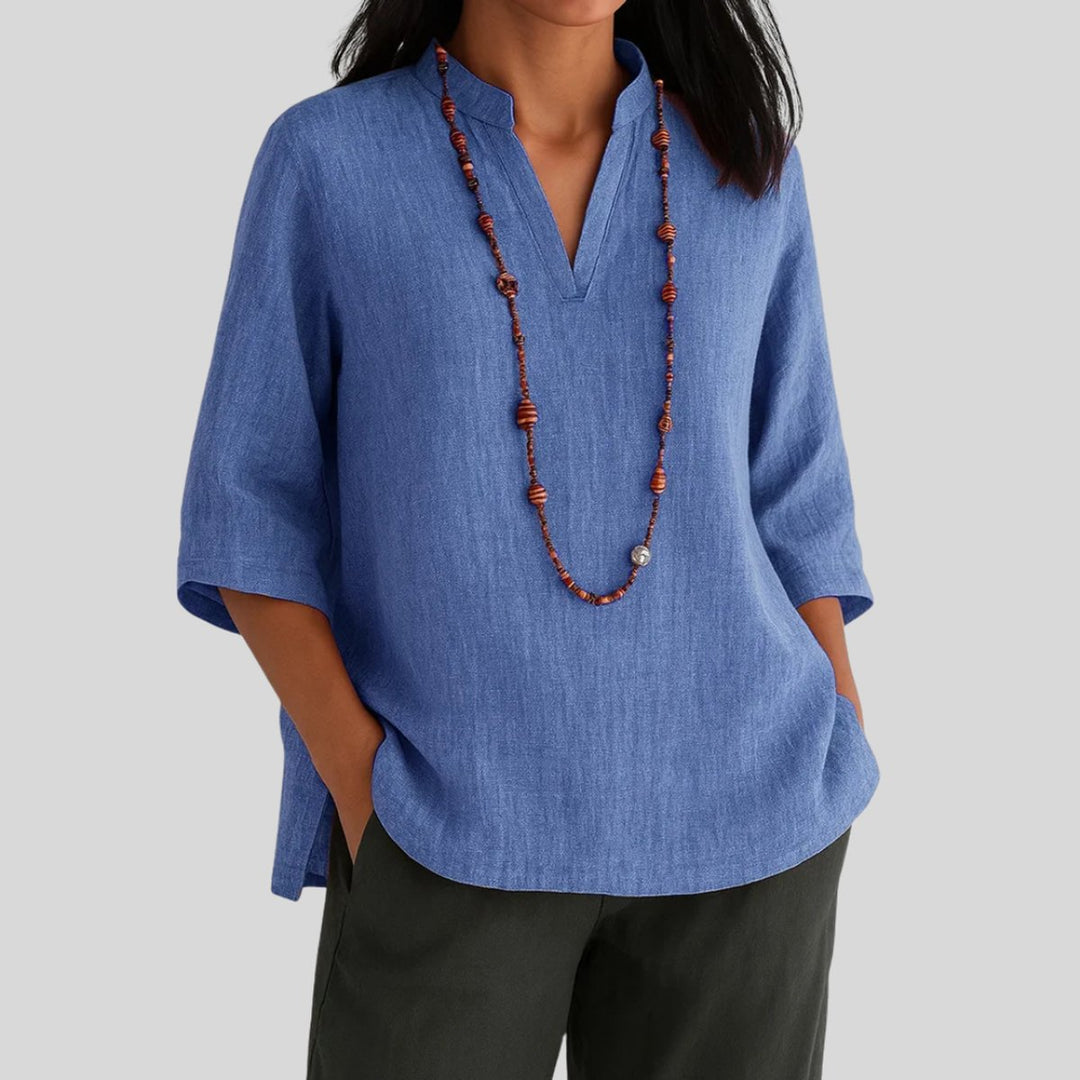 Damen V-Ausschnitt Relaxed-Fit 3/4-Arm Tunika - Blue