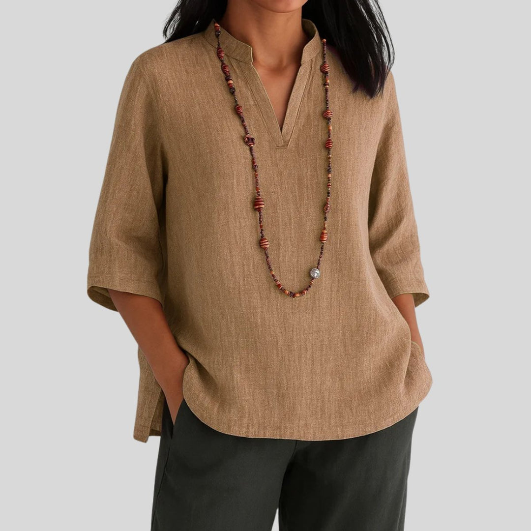 Damen V-Ausschnitt Relaxed-Fit 3/4-Arm Tunika - Brown