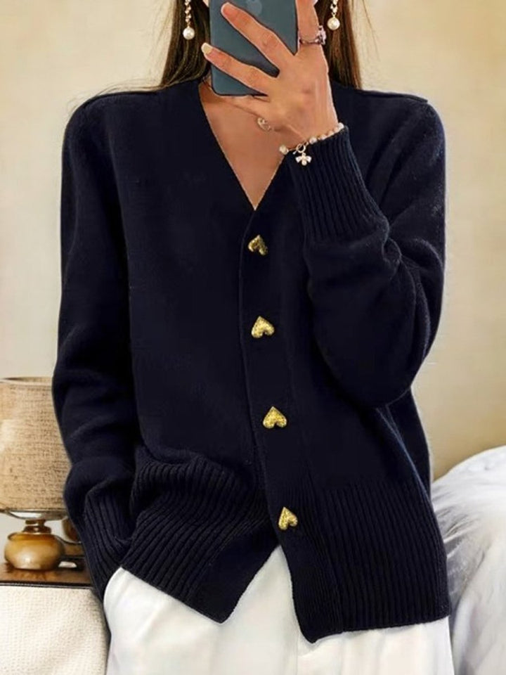 Damen V-Ausschnitt Strick-Cardigan mit Herzknöpfen Relaxed Fit - Black