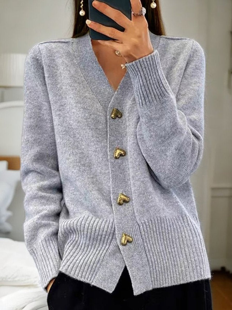 Damen V-Ausschnitt Strick-Cardigan mit Herzknöpfen Relaxed Fit - Grey