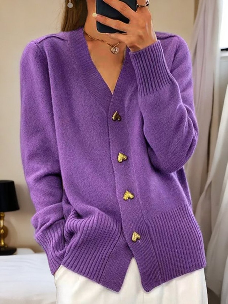Damen V-Ausschnitt Strick-Cardigan mit Herzknöpfen Relaxed Fit - Violet