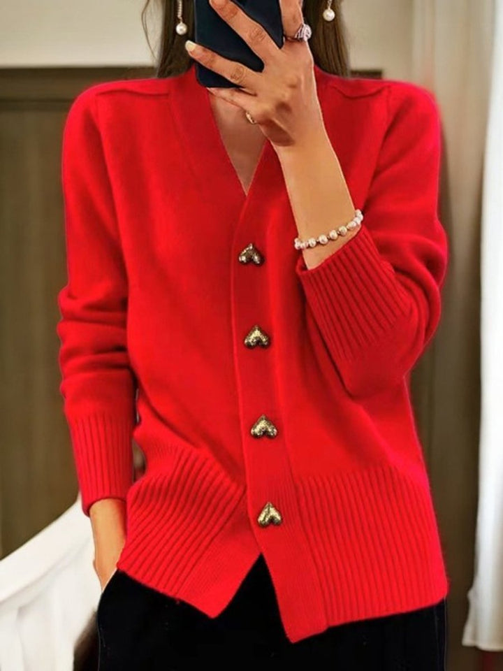 Damen V-Ausschnitt Strick-Cardigan mit Herzknöpfen Relaxed Fit - Red