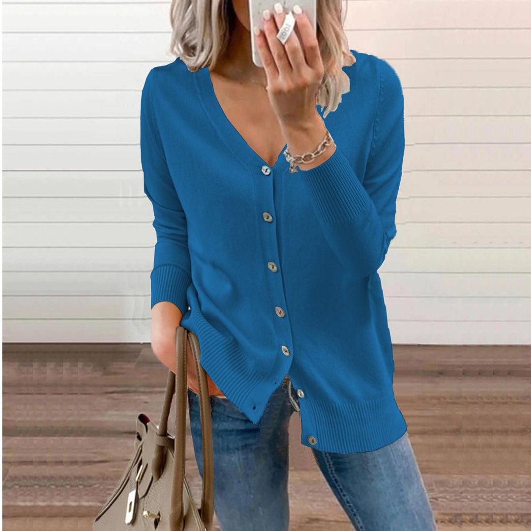 Damen V-Ausschnitt Strickjacke Langarm Cardigan mit Knöpfen - Blau