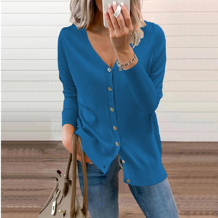 Damen V-Ausschnitt Strickjacke Langarm Cardigan mit Knöpfen - Blau