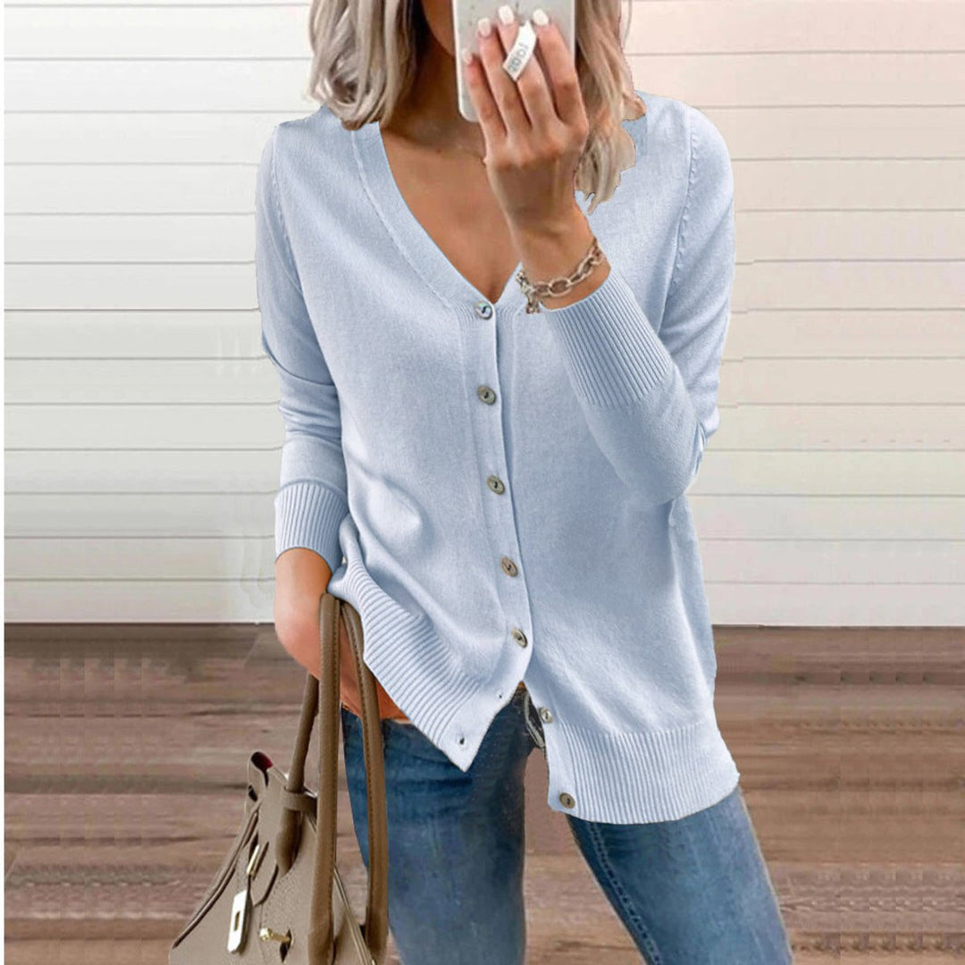 Damen V-Ausschnitt Strickjacke Langarm Cardigan mit Knöpfen - Himmelblau