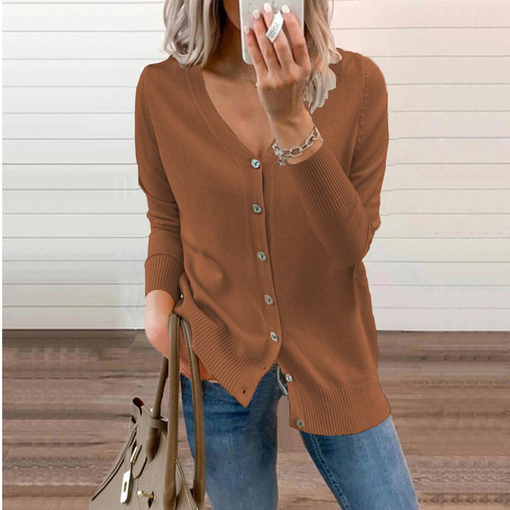 Damen V-Ausschnitt Strickjacke Langarm Cardigan mit Knöpfen - Braun