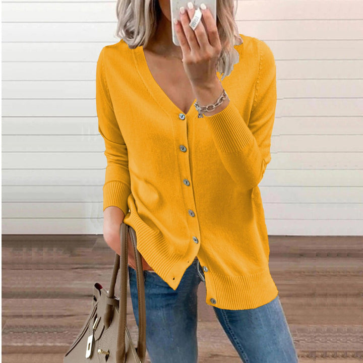 Damen V-Ausschnitt Strickjacke Langarm Cardigan mit Knöpfen - Gelb