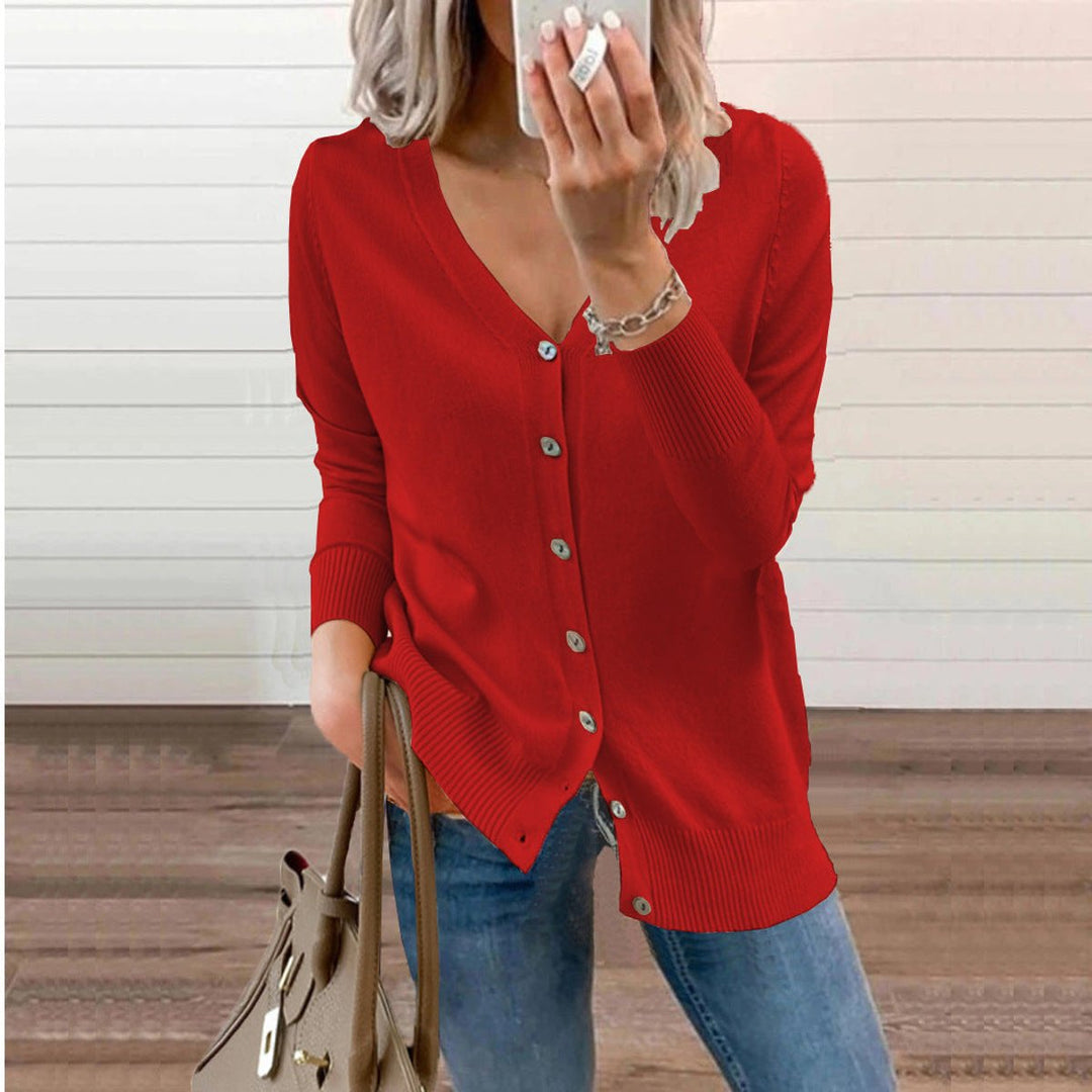 Damen V-Ausschnitt Strickjacke Langarm Cardigan mit Knöpfen - Rot