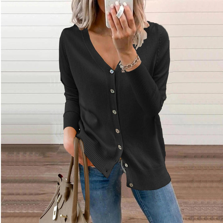 Damen V-Ausschnitt Strickjacke Langarm Cardigan mit Knöpfen - Schwarz