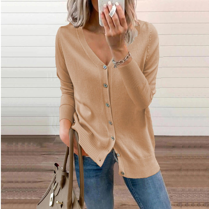 Damen V-Ausschnitt Strickjacke Langarm Cardigan mit Knöpfen - Kamel