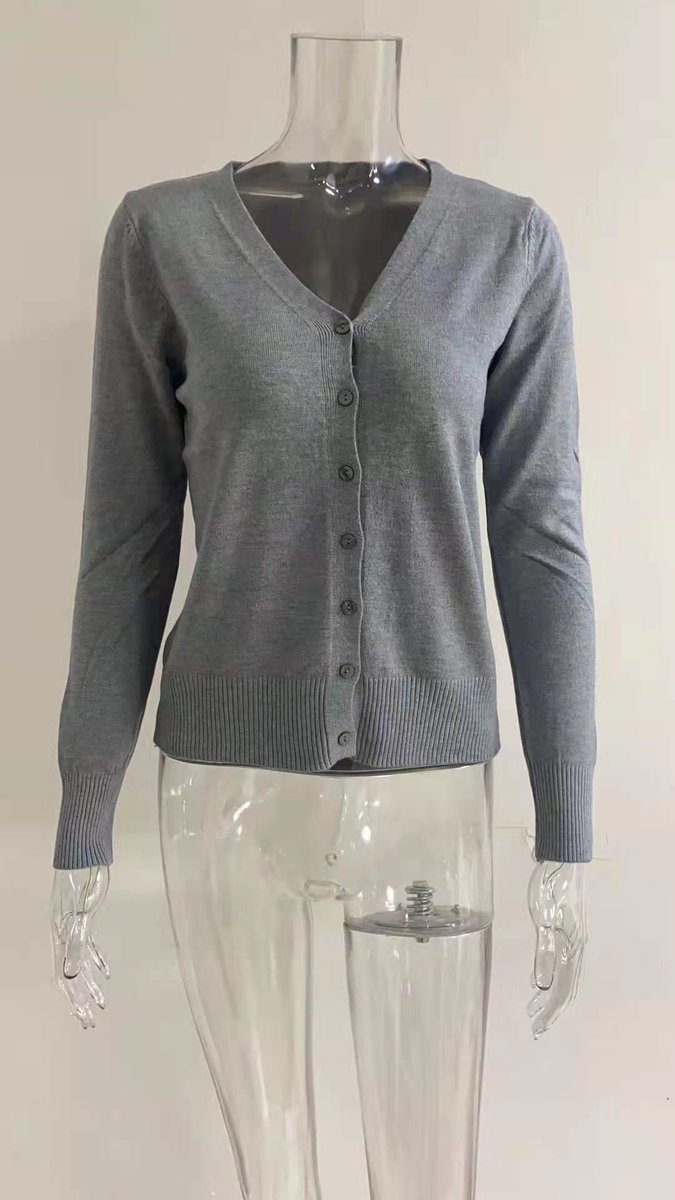 Damen V-Ausschnitt Strickjacke Langarm Cardigan mit Knöpfen - Grau