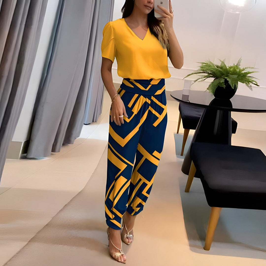 Damen V-Ausschnitt Wide-Leg Two-Piece Set Kurzarm Bluse Hose - Yellow