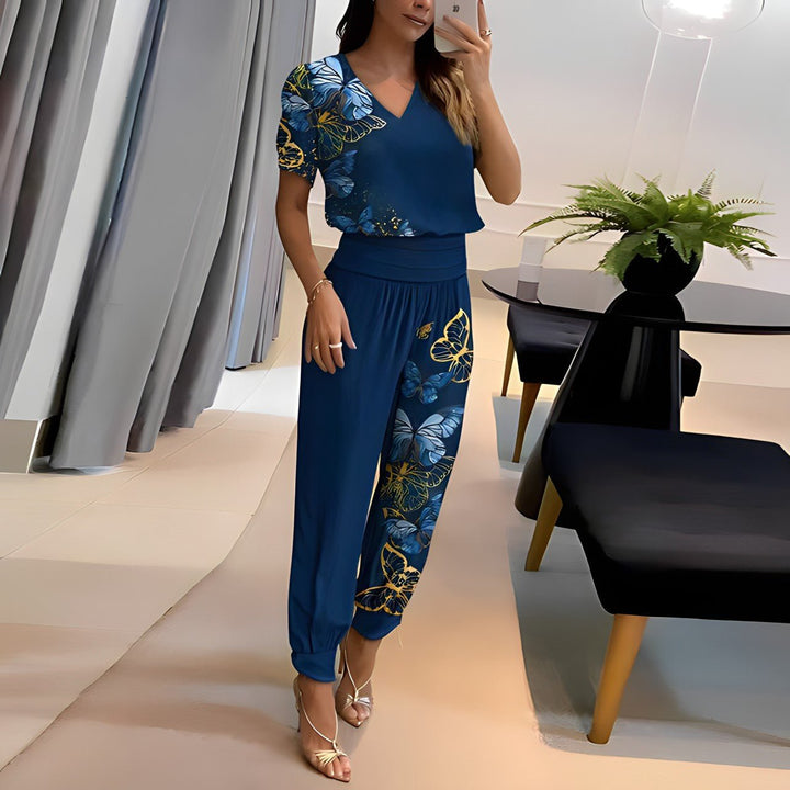 Damen V-Ausschnitt Wide-Leg Two-Piece Set Kurzarm Bluse Hose - Blue