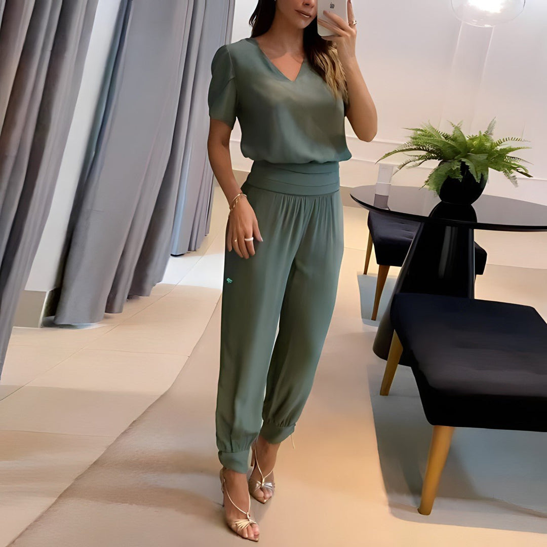 Damen V-Ausschnitt Wide-Leg Two-Piece Set Kurzarm Bluse Hose - Olive Green
